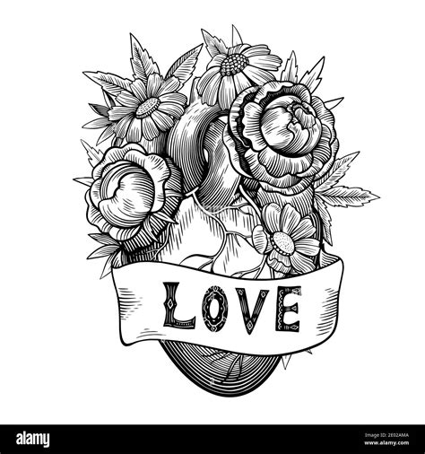 Vintage illustration of heart with flowers and ribbon in tattoo ...