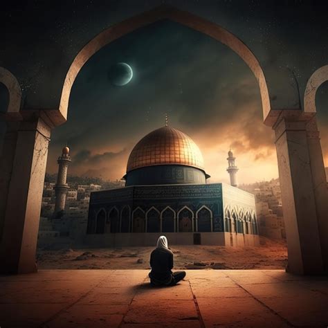 Premium Photo A Man Sits In Front Of A Mosque With The Moon In The