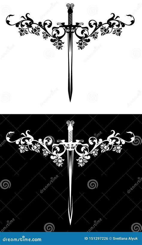 Sword And Rose Flowers Vector Design Set 151297226