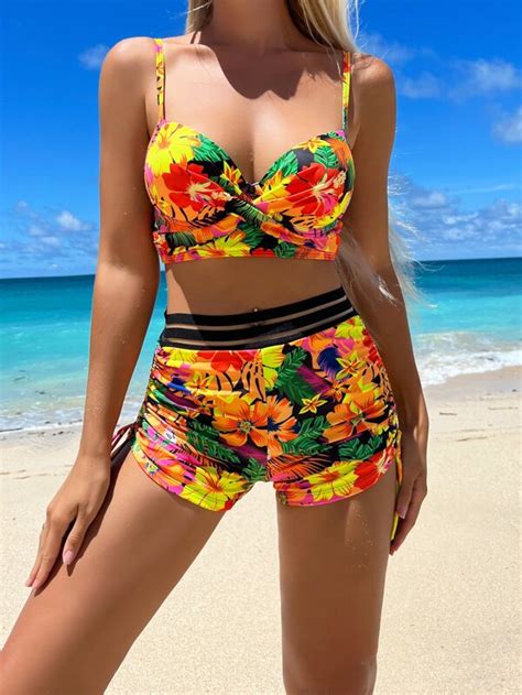 Tropical Print Bikini Set Cross Wrap Push Up Top Taped Drawstring Ruched Boxer Shorts Piece