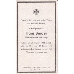 Avis de Décès Caporal chef Hans Binder