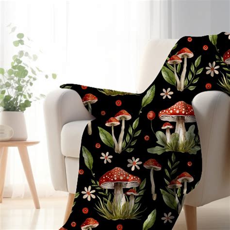 Black Forestcore Plush Blanket Cottagecore Mushroom Velveteen Throw