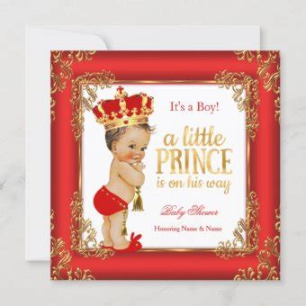 Red Gold Prince Baby Shower Damask Brunette Boy Invitation Zazzle