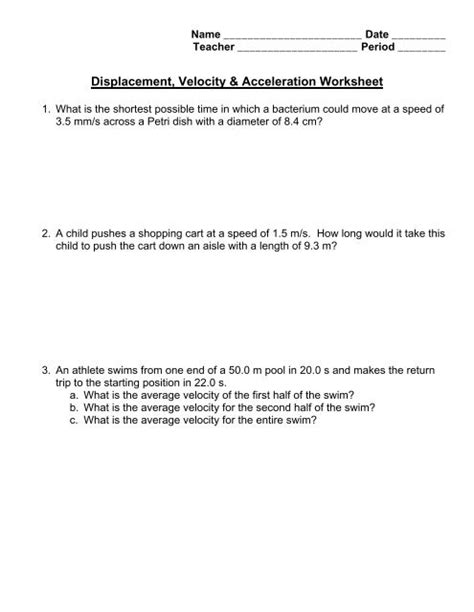 Displacement, Velocity & Acceleration Worksheet