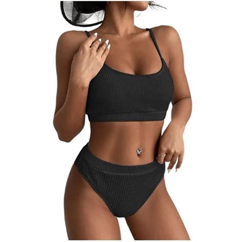 Bikini Côtelé pour Femme Couleur Unie Bikini Deux Pièces Sexy Taille Haute Maillot de Bain Push