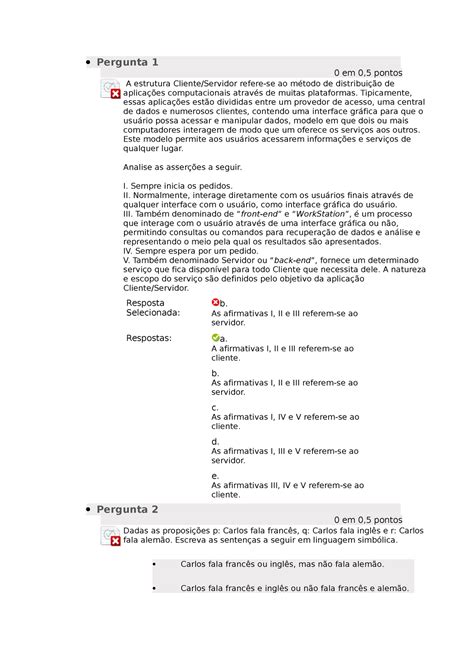 Questionário II Questionário respondido Pergunta 1 0 em 0 5 pontos