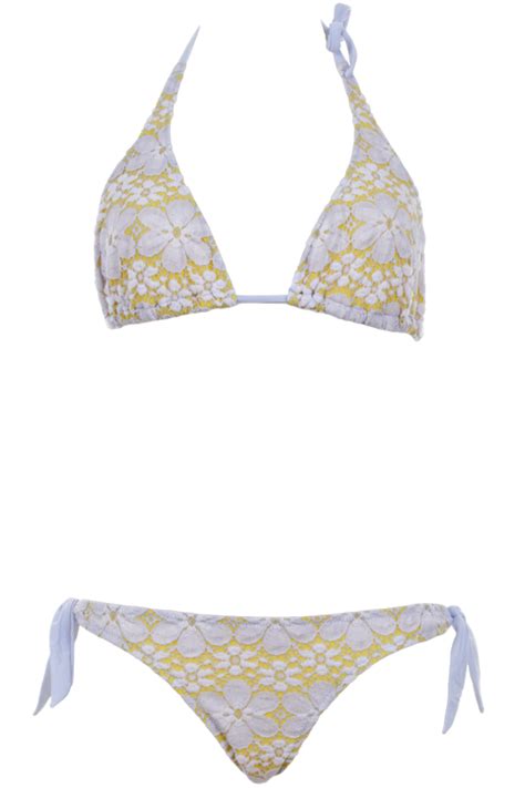 Triangle Bikini aus Makramee Spitze in Hellblau auf Gelb ideal für B C