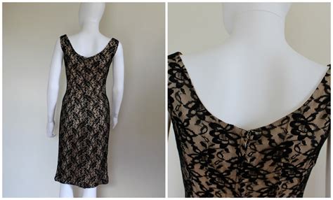 Vintage S Retro Black Lace Over Nude Sheath Sleeveless Cocktail Pencil Wiggle Dress By