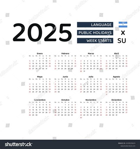 Nicaragua Calendar 2025 Week Starts Sunday Stock Vector (Royalty Free
