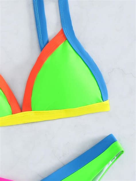 Shein Swim Sprty Neon Lime Bikini Set Contrast Binding Triangle Bra Top