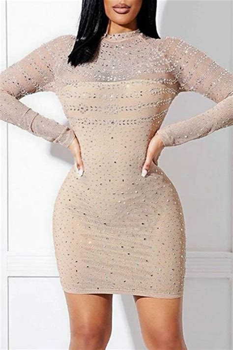 Fashion Sexy Patchwork Hot Drilling See Through Half A Turtleneck Long Sleeve Dresses