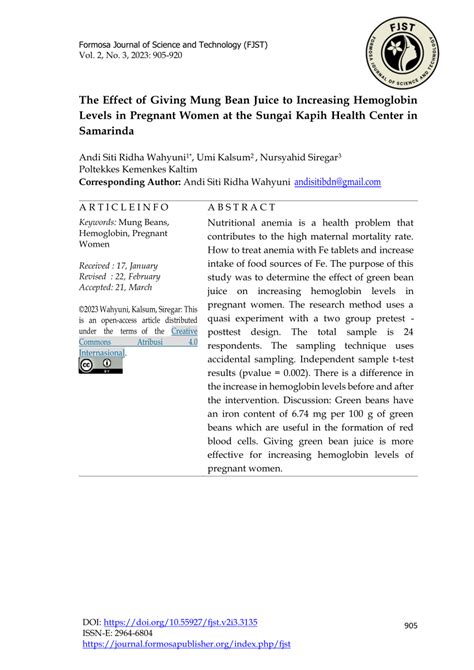 Pdf The Effect Of Giving Mung Bean Juice To Increasing Hemoglobin