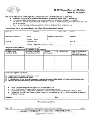 Fillable Online Internationalcenter Umich DS 2019 Request Form For J 1