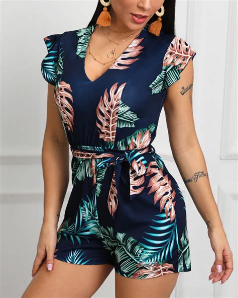 Tropical Print Flutter Sleeve Casual Romper Moda De Roupas Moda