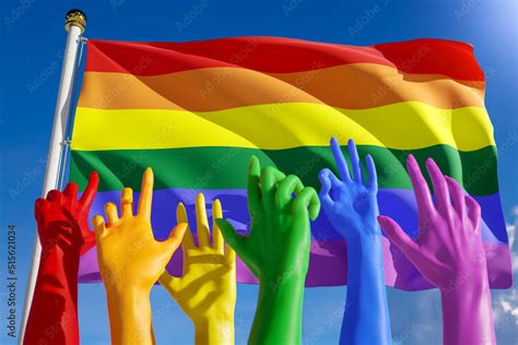 Rainbow Colored Hands From Lgbt Community Over Rainbow Flag World Gay Parade Concept Of Pride