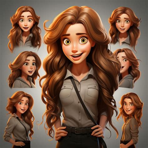 Hoja de diseño de personajes mujeres con cabello largo y castaño multi