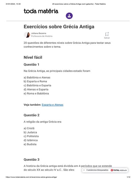 Exercicios Sobre A Grecia Antiga Com Gabarito 6o Ano - 20 Exercícios sobre a Grécia Antiga | PDF | Grécia Antiga | Grécia