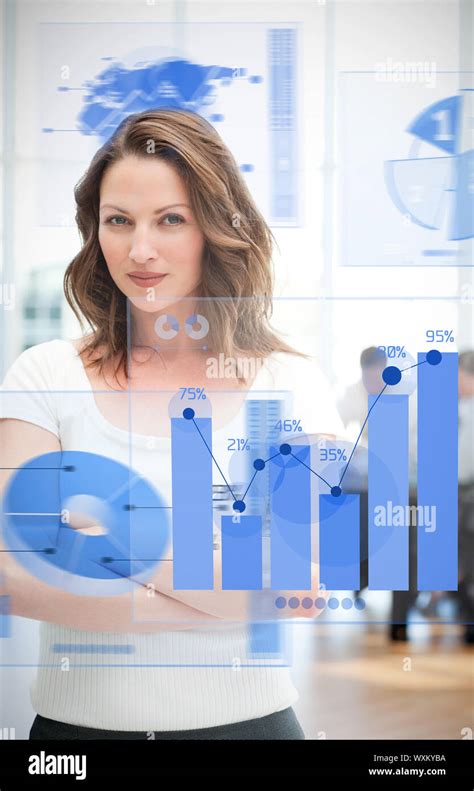 Confident Blonde Businesswoman Using Chart Interfaces With Statistics