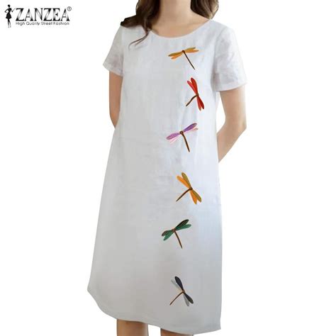 ZANZEA Женское повседневное летнее платье с круглым вырезом и коротким ...