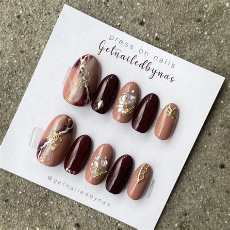 Jual Nude Maroon Marble Press On Nails Fake Nails Kuku Palsu