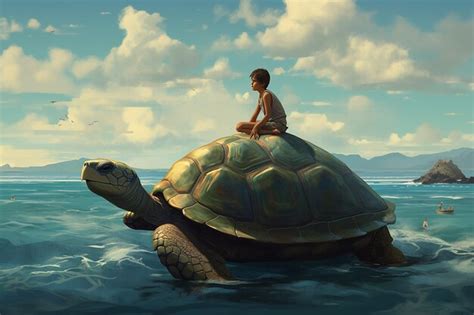 Premium Ai Image A Boy Riding A Turtle In The Ocean