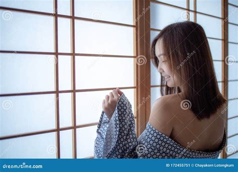 Girl Wearing Yukata On Lower Body And Nude On Upper Stock Image Image Of Concept Hair