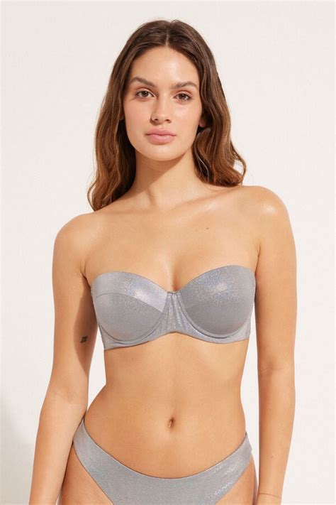 Reggiseno Bikini A Fascia Imbottito Grigio Scintillante A Fascia E Senza Spalline Donna