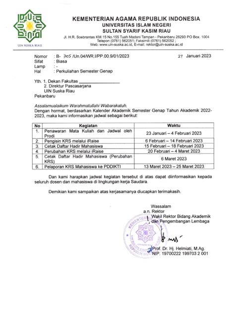 Perkuliahan Semester Genap Bagian Akademik Biro Aakk Uin Suska Riau