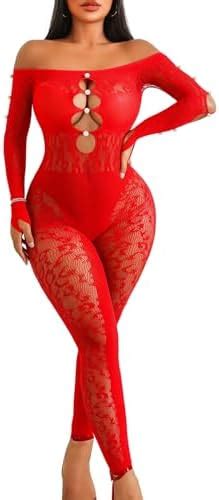 Avidlove Woman Fishnets Lingeries Rhinestone Long Sleeve Bodysuit Sexy Outfit Mesh Lingerie