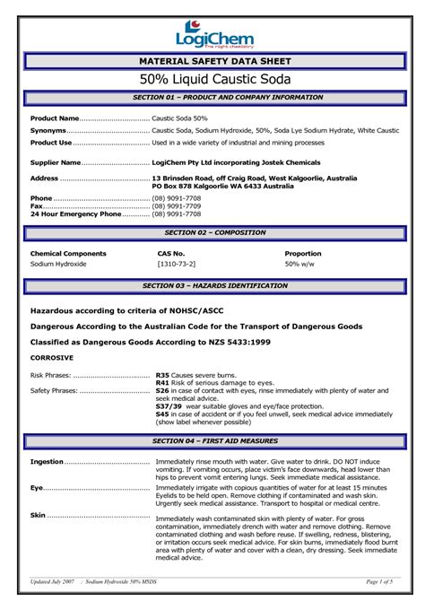 Msds Caustic Soda Naoh Pdf Toxicity Sodium Hydroxide Off