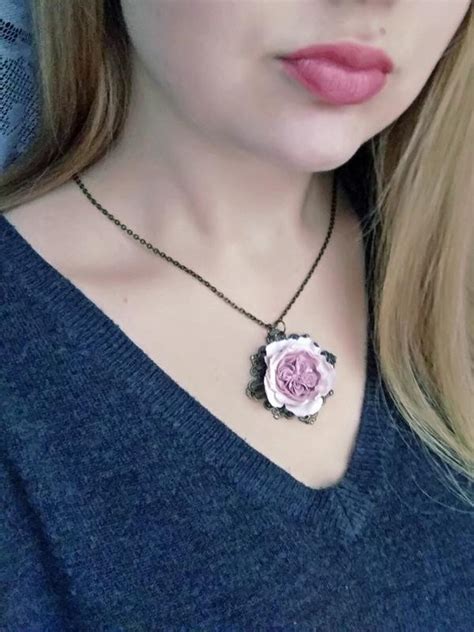 Vintage Style Pendant Necklace Bronze Rose Nude Powder Pink Etsy