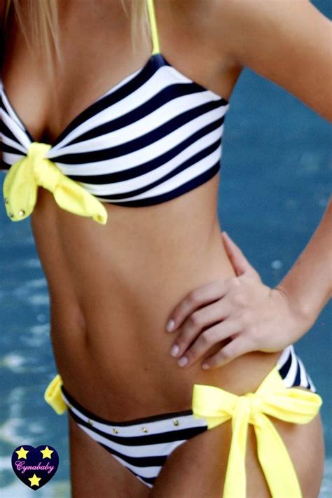 Swimsuit Navy Stripe Yellow Bandeau Sailor Swarovski Bikini Etsy