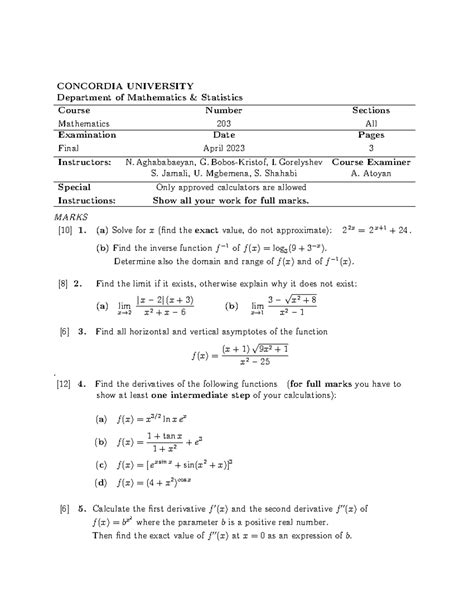 Math 205 Final Exam Concordia 2