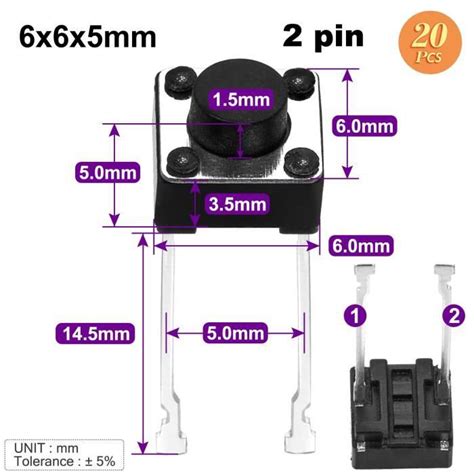 20 pièces 6x6x5x14 5mm Micro bouton poussoir Tactile momentané Pcb