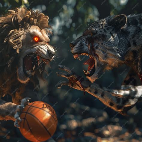 Lion and Wolf Battling on the Basketball Court Fierce Showdown