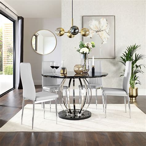 Savoy Round Dining Table Leon Chairs Black Marble Effect Chrome