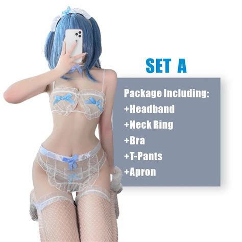 Ojbk Sexy Kawaii Maid Cosplay Three Point Transparent Uniform Lingerie Lace Underwear Suit With