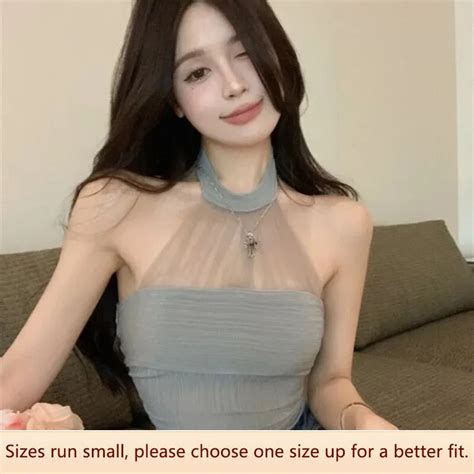 Elegant Mesh Hanging Neck Knitted Strapless Vest Women Summer Hot Girl Slim Short Sleeve Top