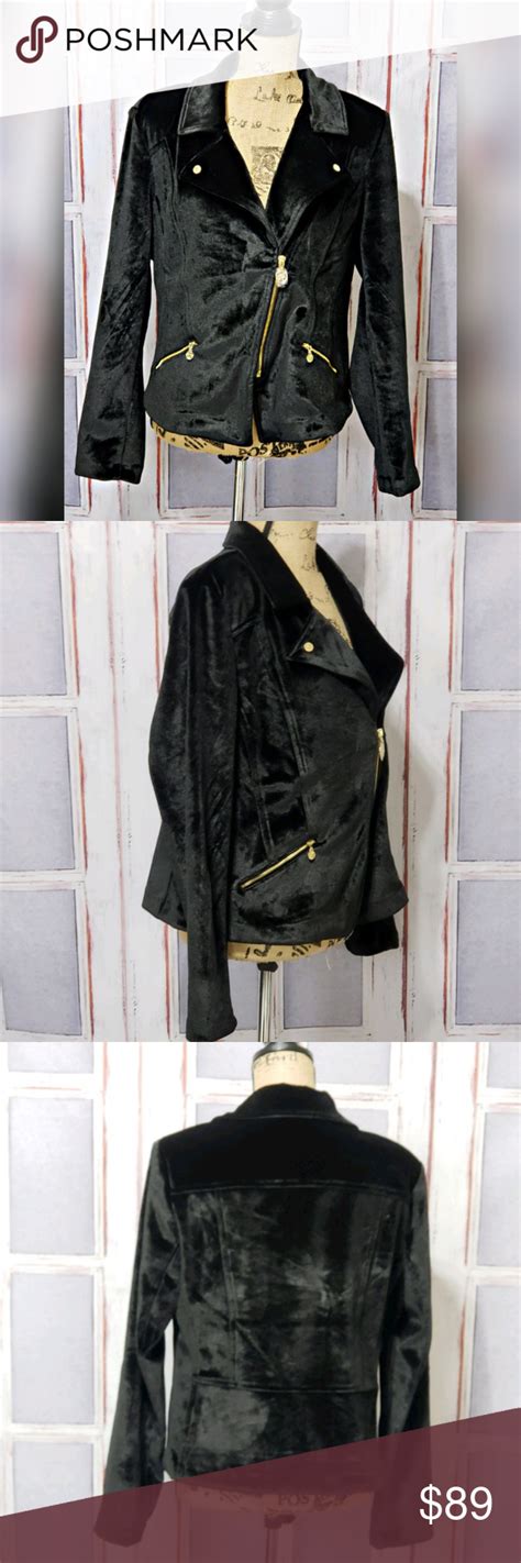 Anne Klein Black Velvet Gold Zipper Jacket Lg Nwt Clothes Design