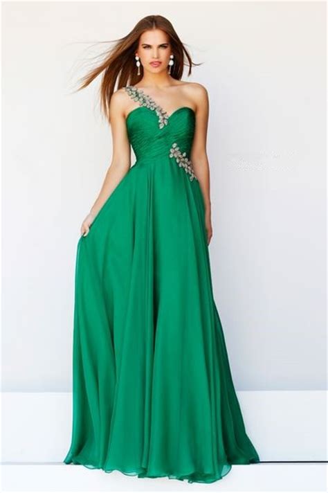 Elegant A Line One Shoulder Long Emerald Green Chiffon Prom Dress With Beaded Strap