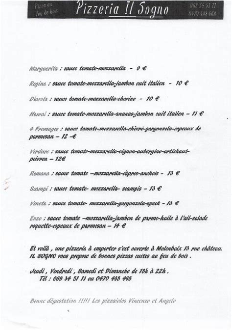 Menu At Pizzeria Il Sogno Celles