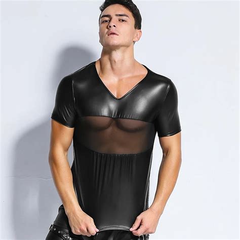 Latex T Shirts Men Sexy Mesh PVC Faux Leather Vest Lingerie Club Wear