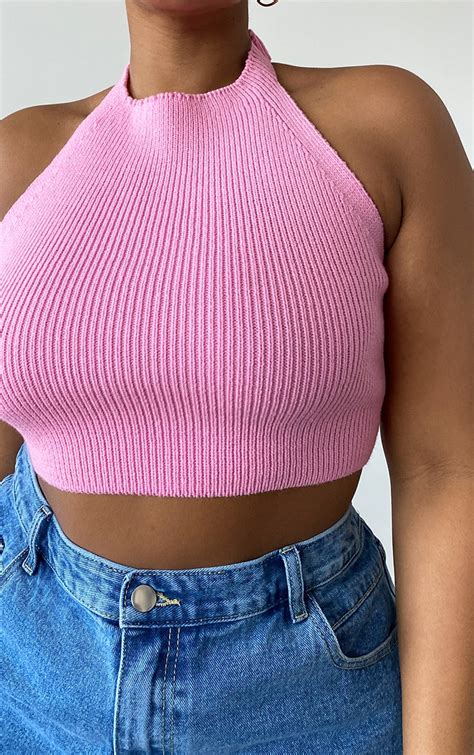 Plus Pink Knitted Halterneck Crop Top Prettylittlething Usa