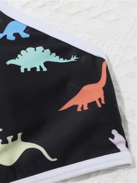 Teen Girls Dinosaur Print Contrast Binding Bikini Swimsuit Swim