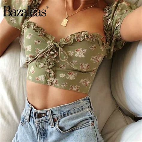 Bazaleas Vintage Bandage Blouse Green Floral Print Cotton Ropa Mujer