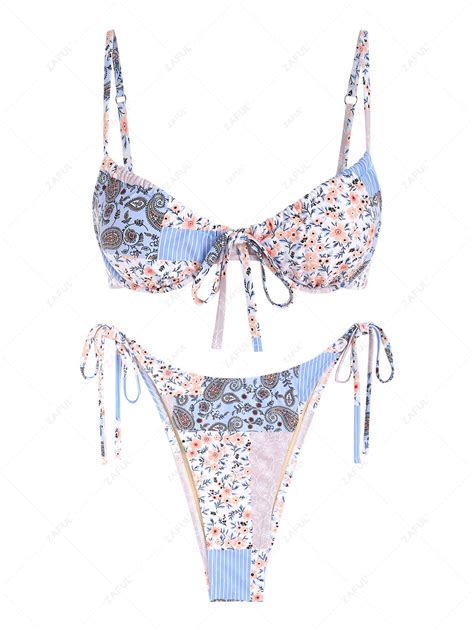 Zaful Tie Side Ethnic Printed Underwire Tanga Bikini Swimwear In Light Blue Zaful