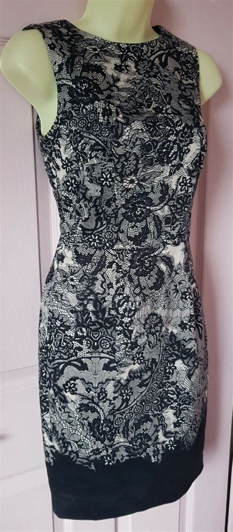 WAREHOUSE Black Nude Lace Print Pencil Wiggle Bodycon Gem