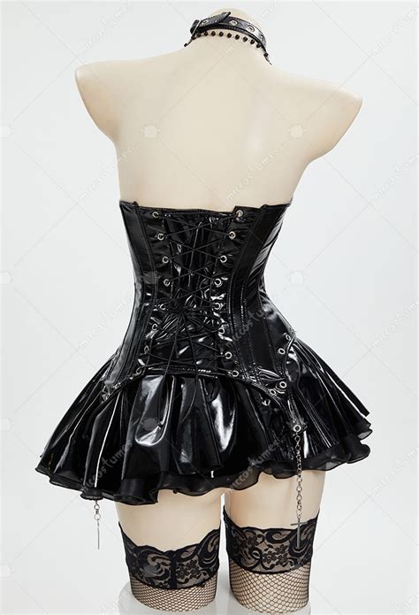 Women Misa Derivative Sexy Lingerie Costume Black Lace Up Corset And Skirt With Gloves Necklace
