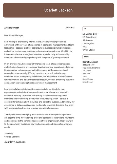 Area Supervisor Cover Letter Example For 2024 Free Templates Cvdesigner Ai