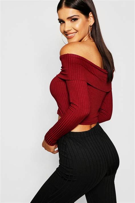 Long Sleeve Jumbo Rib Off The Shoulder Crop Top Crop Top Outfits Tops Top Outfits